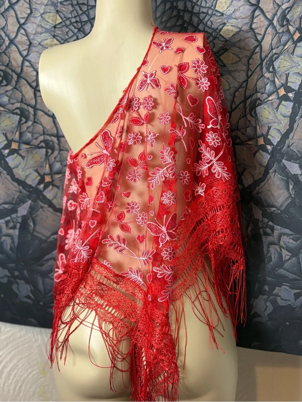 Red Embroidered Fringe Shawl / Scarf Wrap